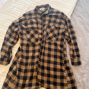 Brown and navy plaid flannel top.